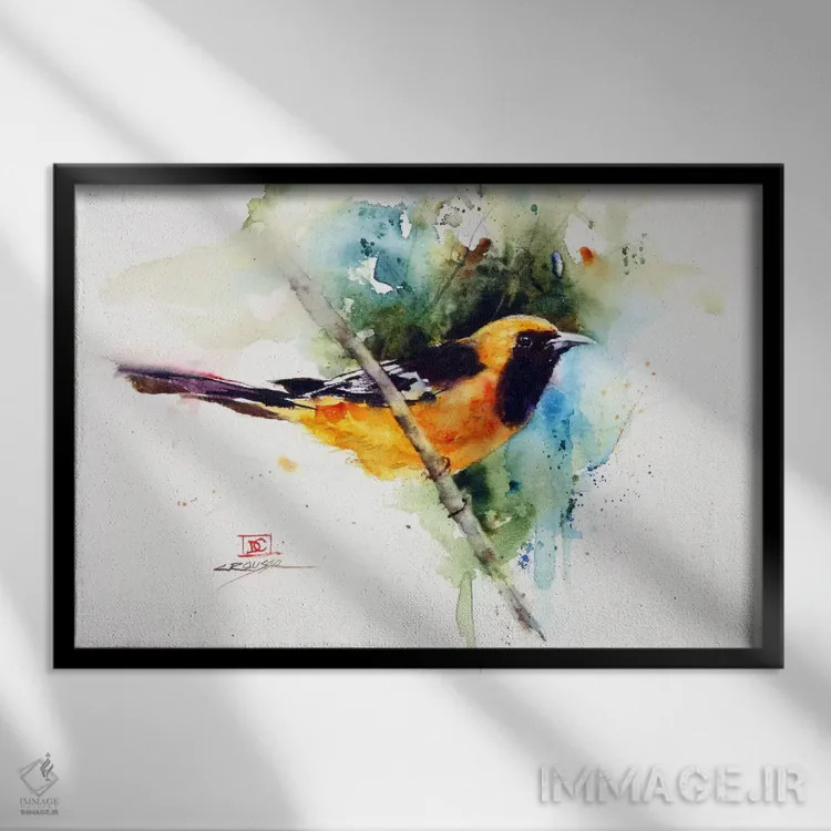 تابلو پرندهٔ نارنجی اثر باور کراوزر - نمای قابدار مشکی