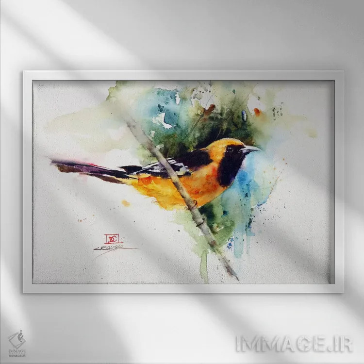 تابلو پرندهٔ نارنجی اثر باور کراوزر - نمای قابدار سفید