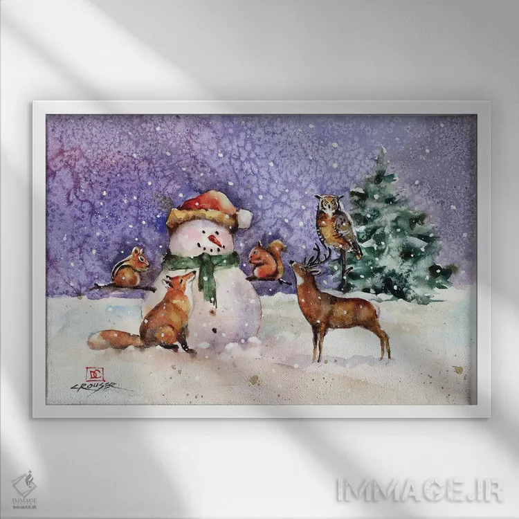 تابلو آدمبرفی و موجودات جنگلی اثر باور کراوزر - نمای قابدار سفید