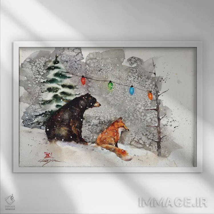 تابلو روباه، خرس و چراغها اثر باور کراوزر - نمای قابدار سفید