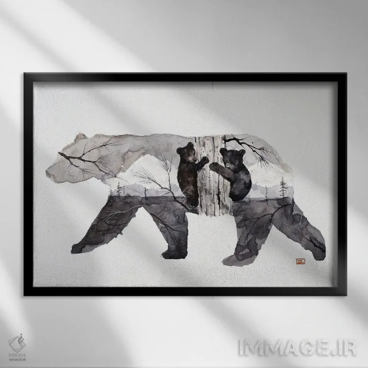 تابلو مادر خرس و تولهها اثر باور کراوزر - نمای قابدار مشکی