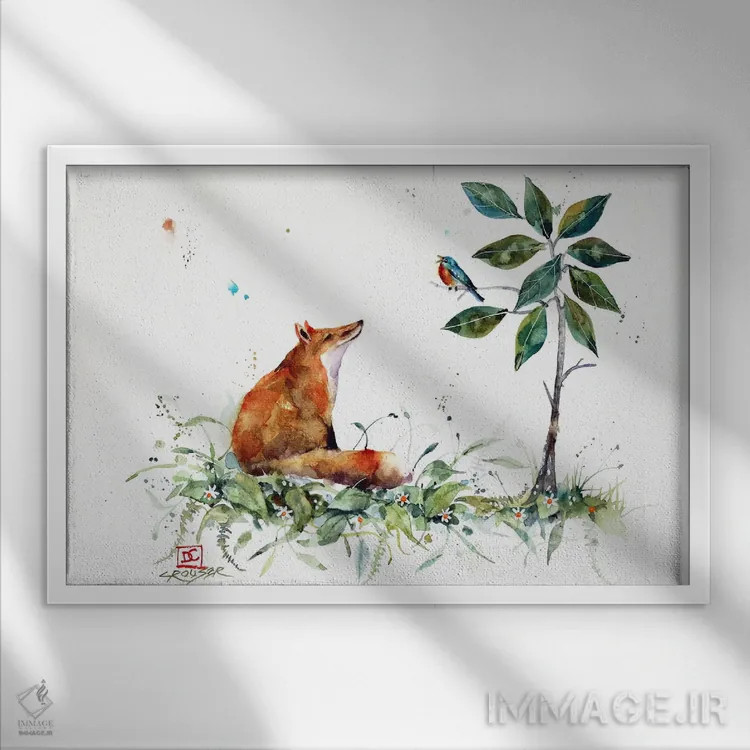 تابلو روباه و پرنده آبی اثر باور کراوزر - نمای قابدار سفید