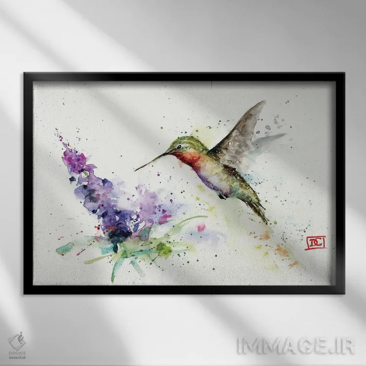 تابلو مرغ مگسخوار و بوتهٔ پروانهای اثر باور کراوزر - نمای قابدار مشکی