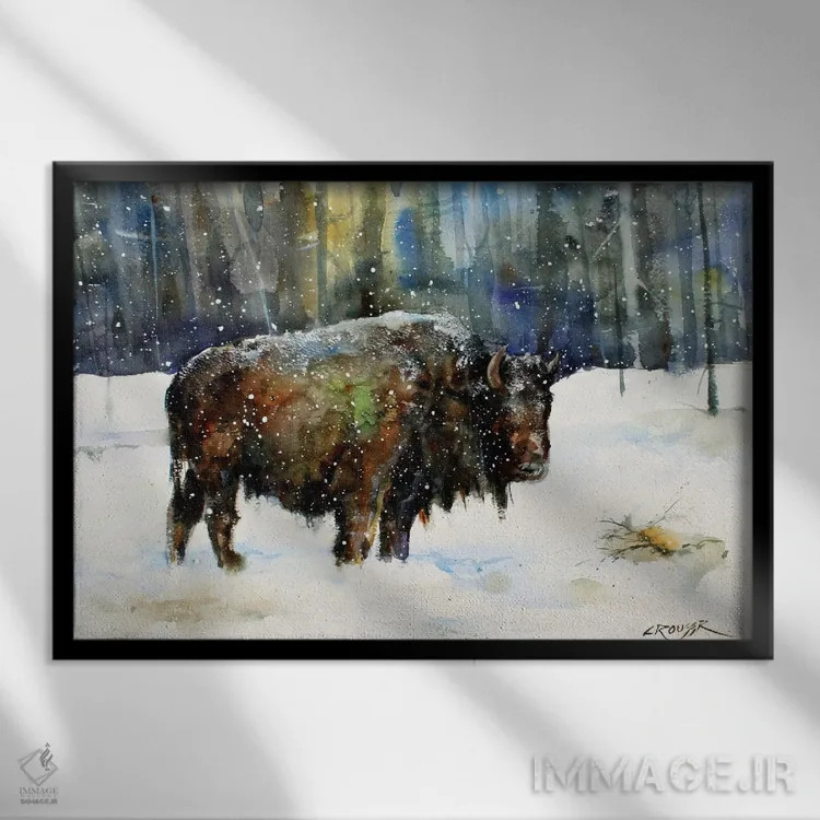 تابلو گاومیش کوهاندار (بایسون) اثر باور کراوزر - نمای قابدار مشکی