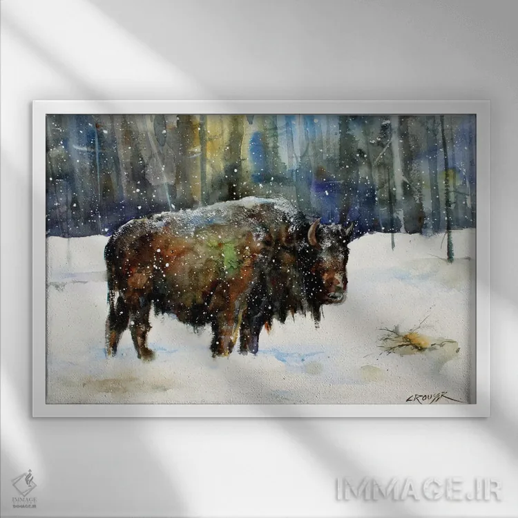 تابلو گاومیش کوهاندار (بایسون) اثر باور کراوزر - نمای قابدار سفید