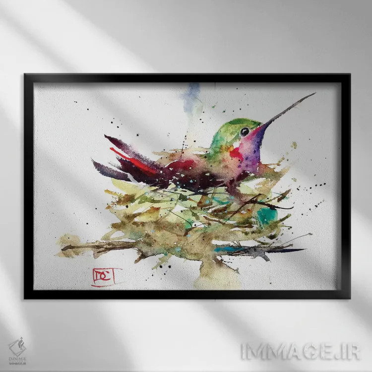 تابلو مرغ مگسخوار در لانه اثر باور کراوزر - نمای قابدار مشکی