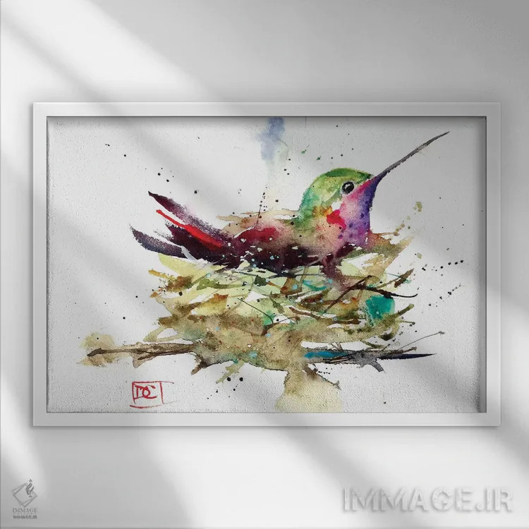 تابلو مرغ مگسخوار در لانه اثر باور کراوزر - نمای قابدار سفید