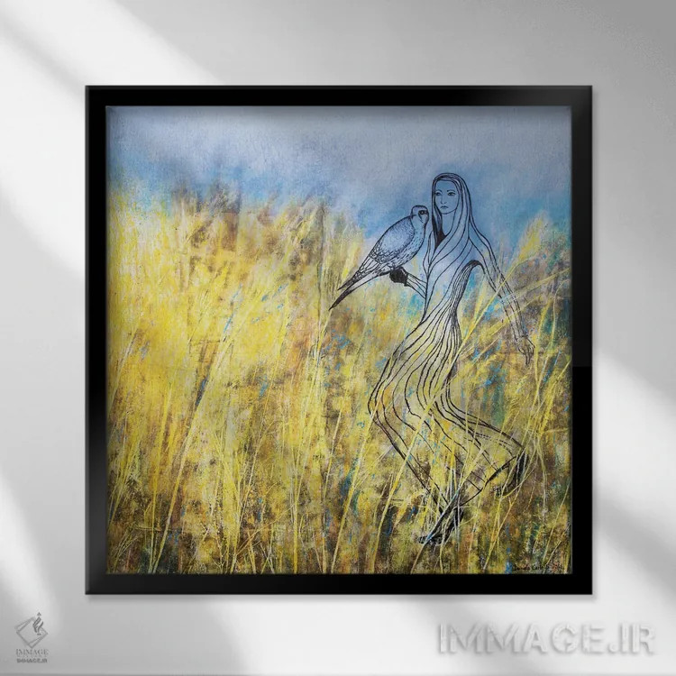 تابلو بانویی و شاهین اثر دنیلا کارلتی - نمای قابدار مشکی