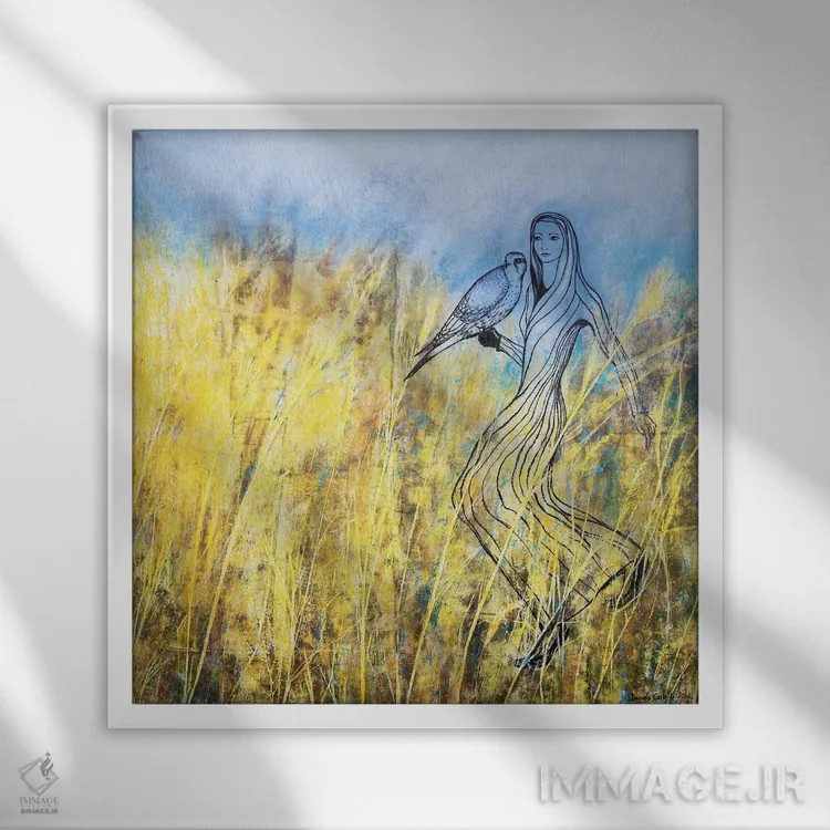 تابلو بانویی و شاهین اثر دنیلا کارلتی - نمای قابدار سفید