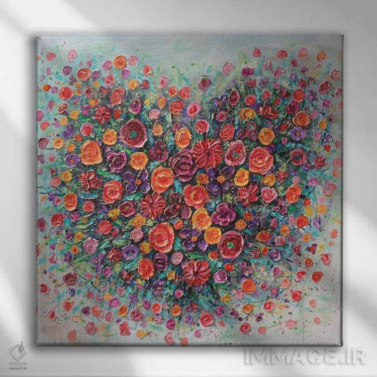 تابلو قلب شکوفهزدهٔ گلها اثر آماندا داگ - نمای روبهرو روی دیوار