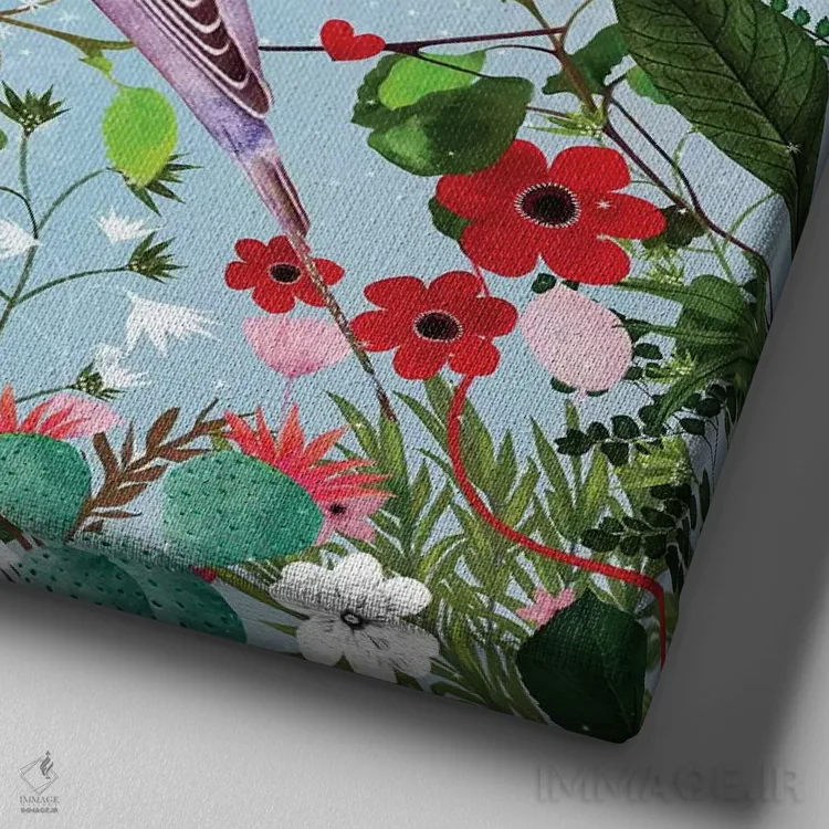 تابلو مرغ عشقها (پرندگان زینتی) اثر دانس د لون (طراح هنری) - نمای نزدیک بافت بوم