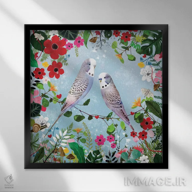 تابلو مرغ عشقها (پرندگان زینتی) اثر دانس د لون (طراح هنری) - نمای قابدار مشکی