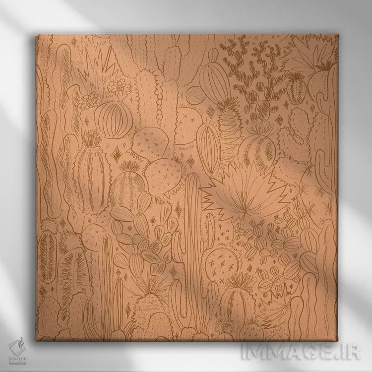 تابلو منظرهٔ کاکتوس در زمینهٔ نارنجی اثر دودل بای مگ (استودیوی هنری) - نمای روبهرو روی دیوار