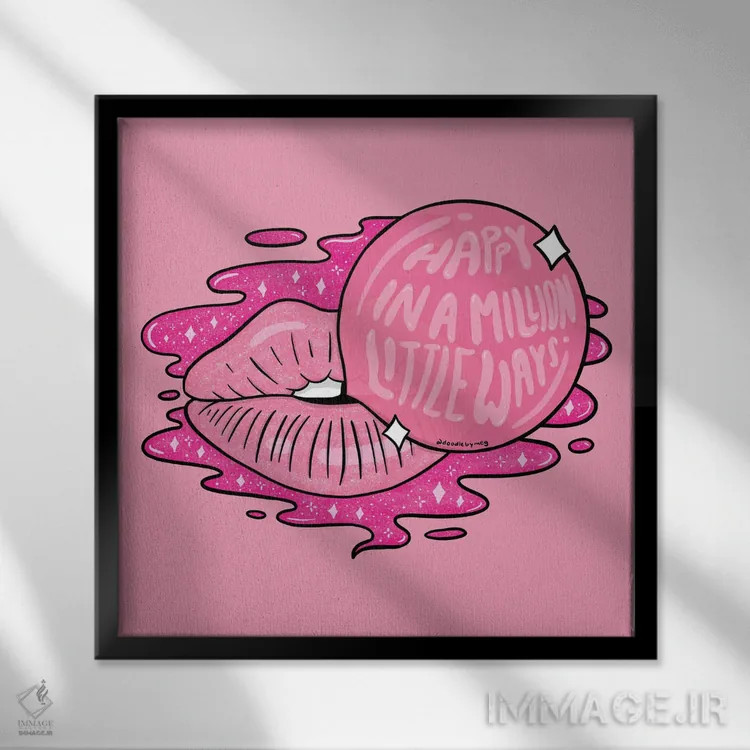 تابلو لبهای آدامس بادکنکی اثر دودل بای مگ (استودیوی هنری) - نمای قابدار مشکی