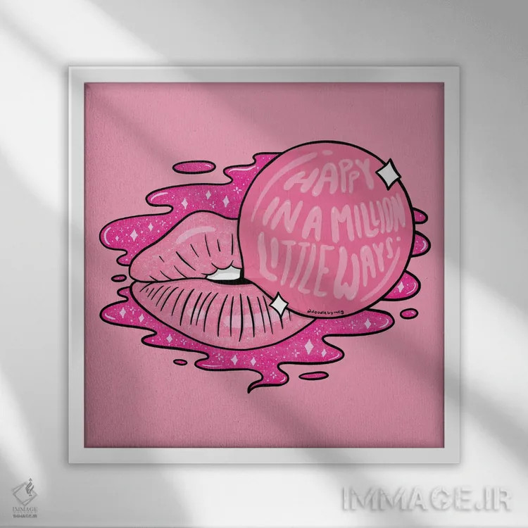 تابلو لبهای آدامس بادکنکی اثر دودل بای مگ (استودیوی هنری) - نمای قابدار سفید