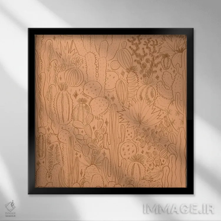 تابلو منظرهٔ کاکتوس در زمینهٔ نارنجی اثر دودل بای مگ (استودیوی هنری) - نمای قابدار مشکی
