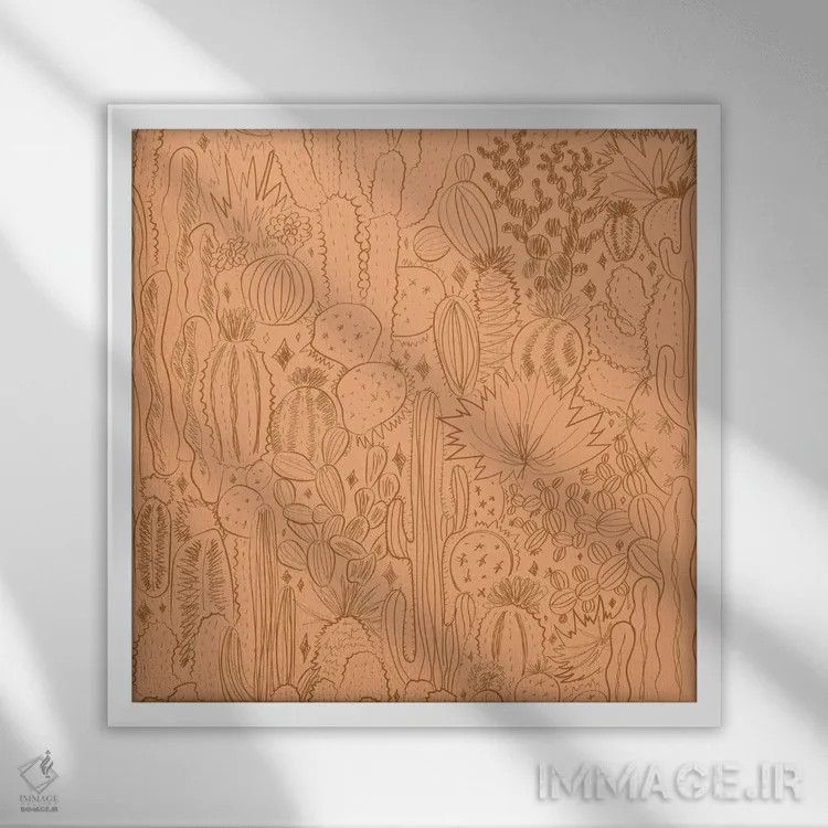 تابلو منظرهٔ کاکتوس در زمینهٔ نارنجی اثر دودل بای مگ (استودیوی هنری) - نمای قابدار سفید