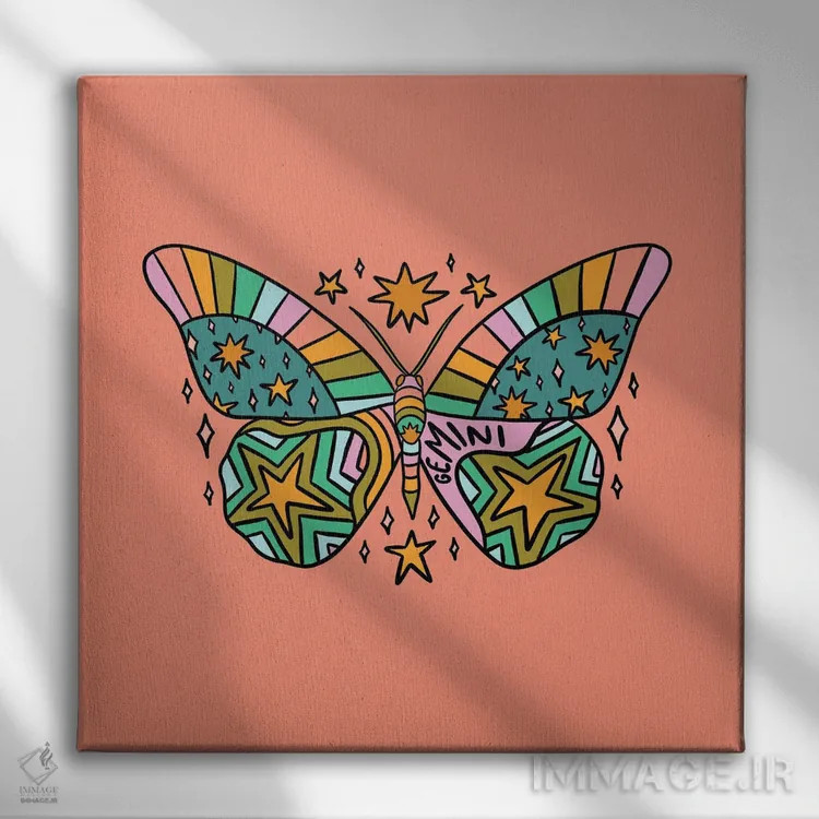 تابلو پروانه متولد خرداد (برج جوزا) اثر دودل بای مگ (استودیوی هنری) - نمای روبهرو روی دیوار
