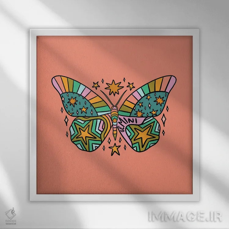 تابلو پروانه متولد خرداد (برج جوزا) اثر دودل بای مگ (استودیوی هنری) - نمای قابدار سفید