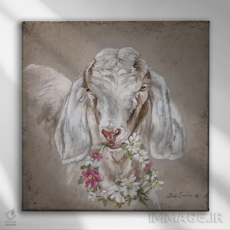 تابلو بز با حلقه گل اثر دبی کولز - نمای روبهرو روی دیوار