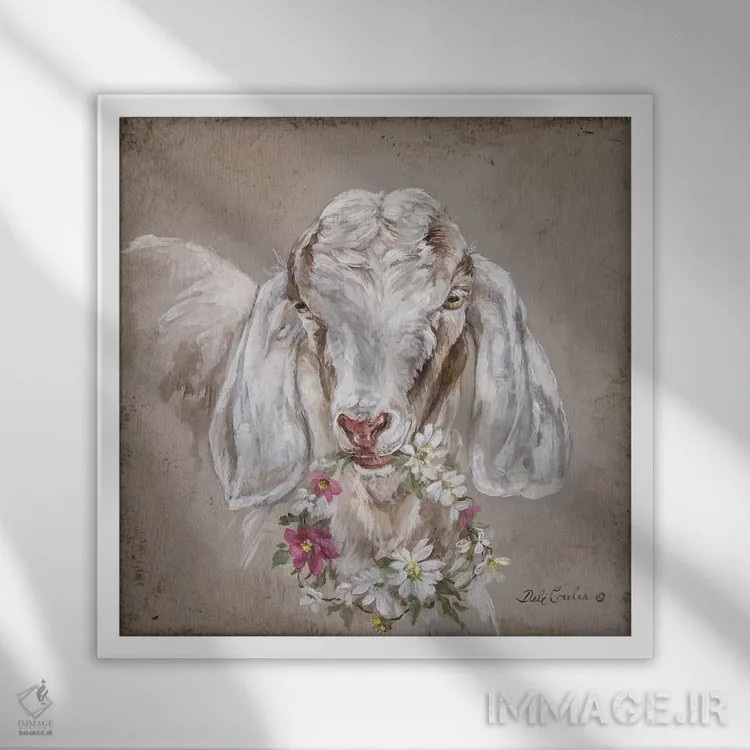 تابلو بز با حلقه گل اثر دبی کولز - نمای قابدار سفید