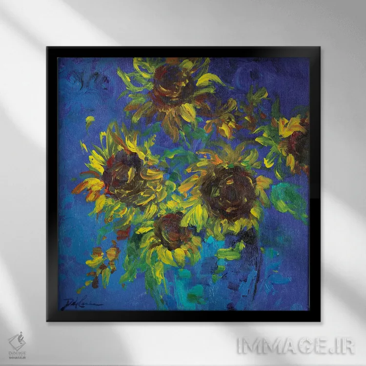تابلو آفتابگردانها در گلدان اثر دبی کولز - نمای قابدار مشکی