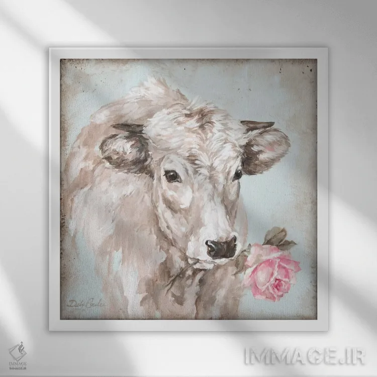 تابلو گاو با رز ۲ اثر دبی کولز - نمای قابدار سفید