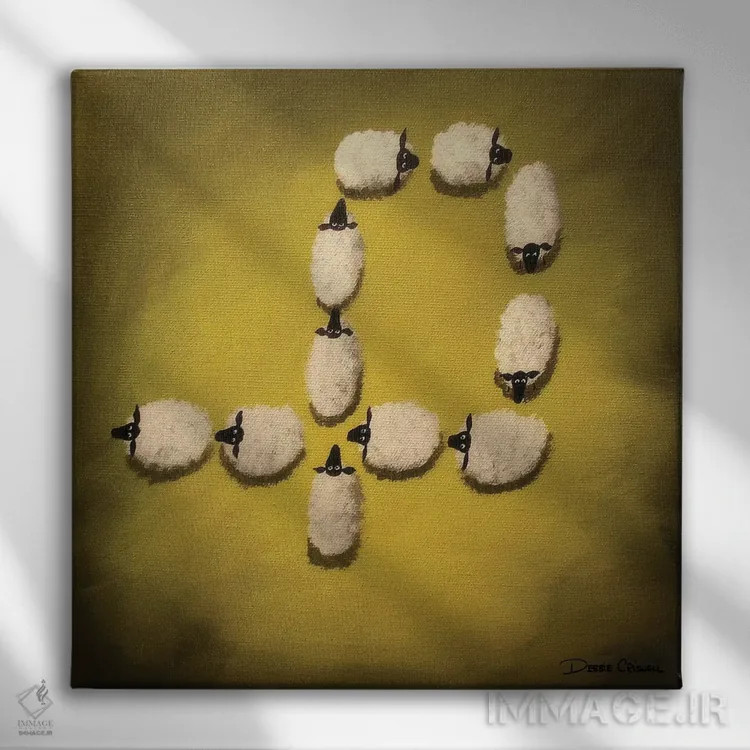 تابلو دو اشتباه برابر با کار درست نمیشود اما سه فرشته موجب چرخش میشوند (طنز) اثر دبی کریسول - نمای روبهرو روی دیوار