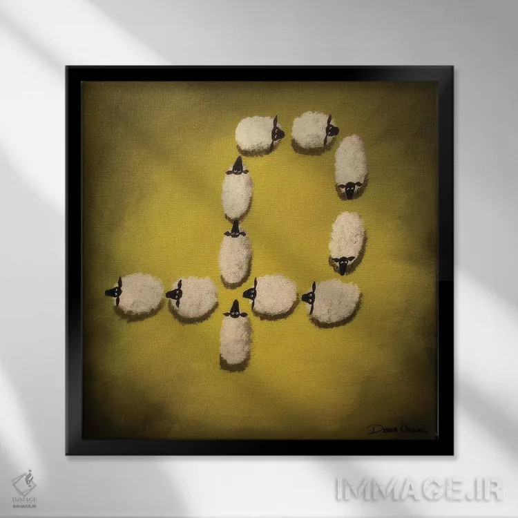 تابلو دو اشتباه برابر با کار درست نمیشود اما سه فرشته موجب چرخش میشوند (طنز) اثر دبی کریسول - نمای قابدار مشکی