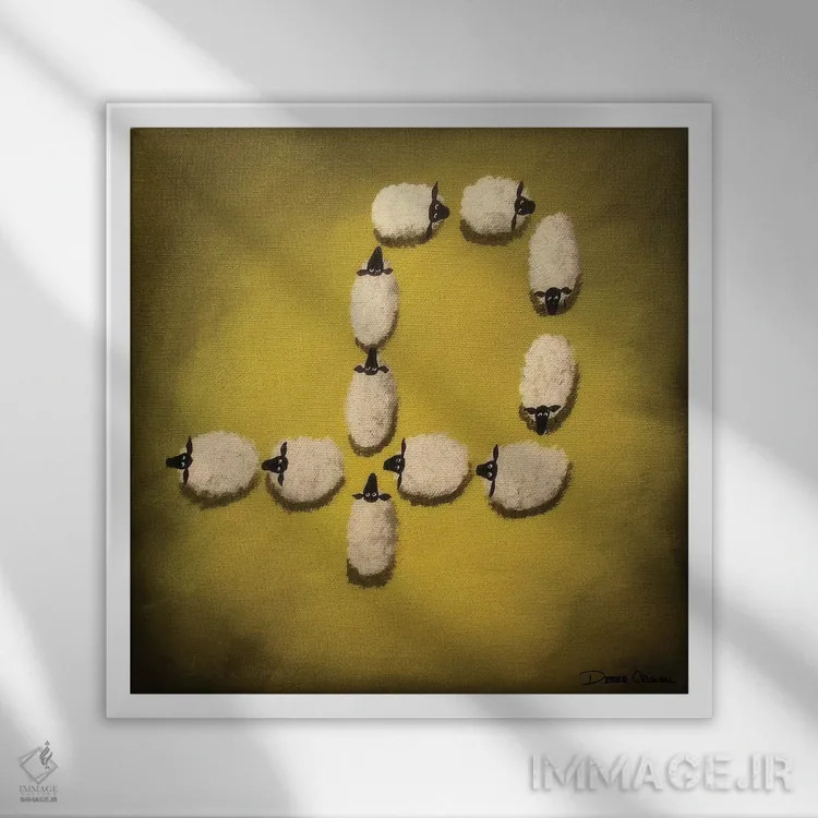 تابلو دو اشتباه برابر با کار درست نمیشود اما سه فرشته موجب چرخش میشوند (طنز) اثر دبی کریسول - نمای قابدار سفید