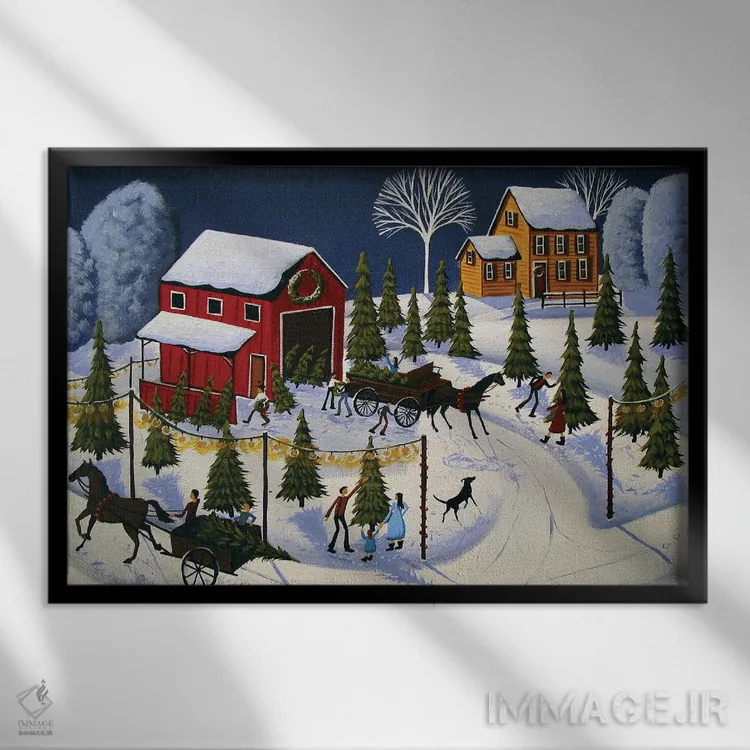 تابلو مزرعه درخت کریسمس روستایی اثر دبی کریسول - نمای قابدار مشکی