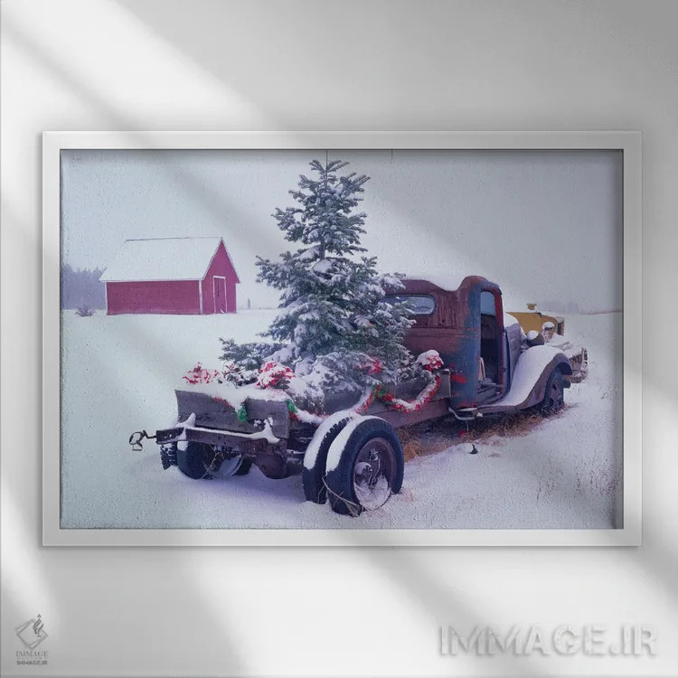 تابلو درخت کریسمس بر روی کامیون اثر دنیس فراتس - نمای قابدار سفید