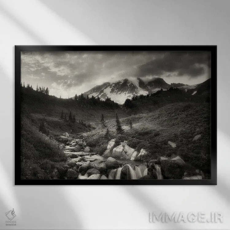 تابلو رودخانه ادیت و کوه رینیه اثر دنیس فراتس - نمای قابدار مشکی