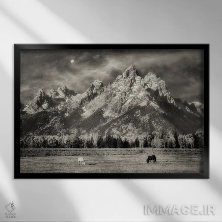 تابلو اسبهای تتون در چراگاه اثر دنیس فراتس - نمای قابدار مشکی