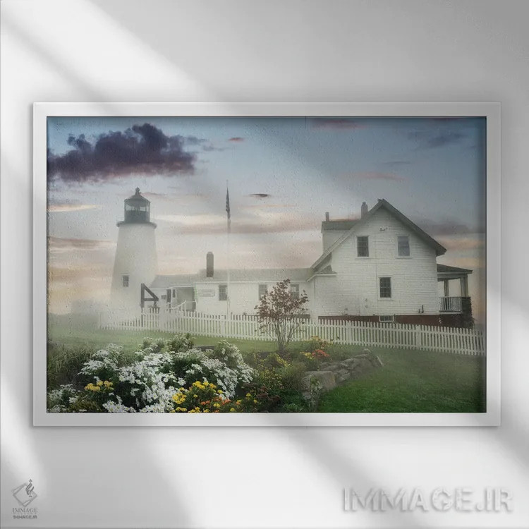 تابلو طلوع فانوس دریایی و مه اثر دنیس فراتس - نمای قابدار سفید