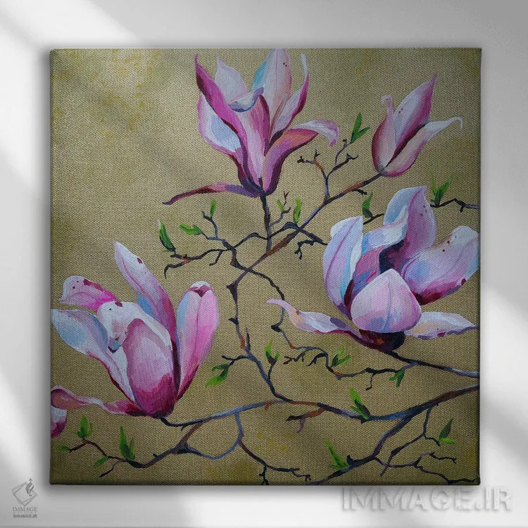 تابلو مگنولیا روی طلا (نوعی گل) اثر دلنارا ال - نمای روبهرو روی دیوار