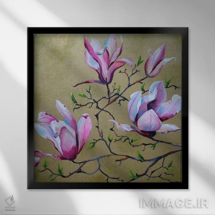 تابلو مگنولیا روی طلا (نوعی گل) اثر دلنارا ال - نمای قابدار مشکی