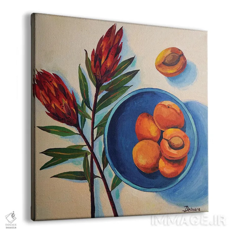 تابلو گل پروتیا و زردآلو روی بشقاب آبی اثر دلنارا ال - نمای پرسپکتیو محصول