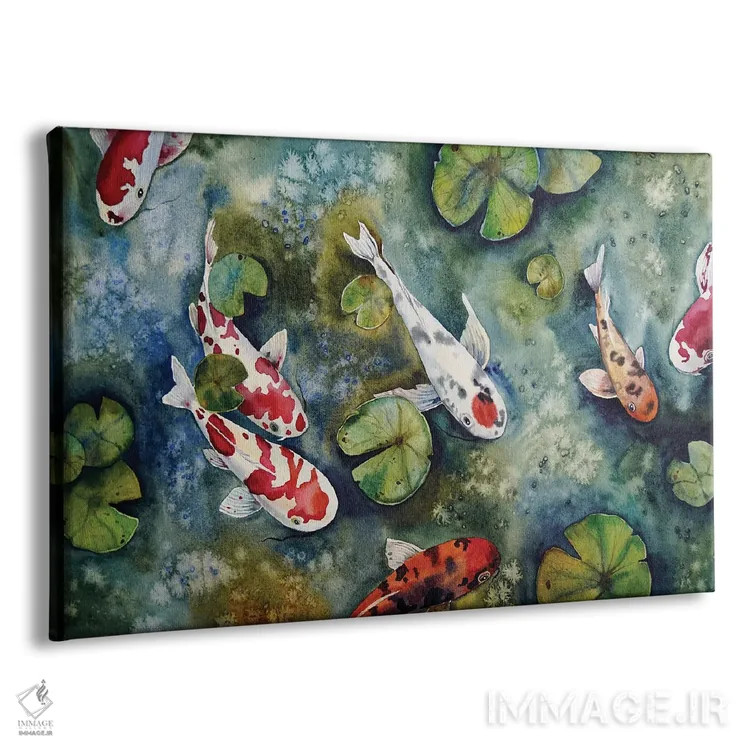 تابلو ماهی کوی و برگهای نیلوفر آبی اثر دلنارا ال - نمای پرسپکتیو محصول
