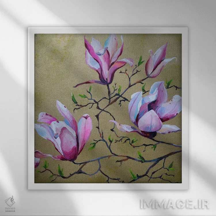 تابلو مگنولیا روی طلا (نوعی گل) اثر دلنارا ال - نمای قابدار سفید