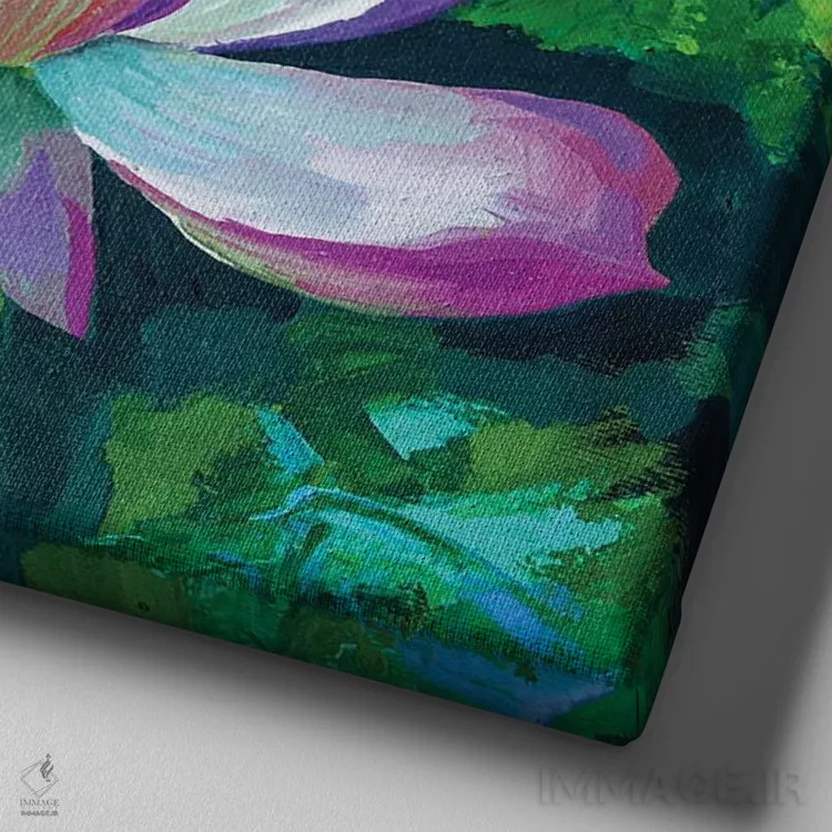 تابلو نیلوفر آبی اثر دلنارا ال - نمای نزدیک بافت بوم