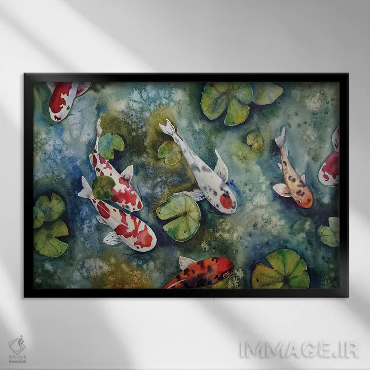 تابلو ماهی کوی و برگهای نیلوفر آبی اثر دلنارا ال - نمای قابدار مشکی