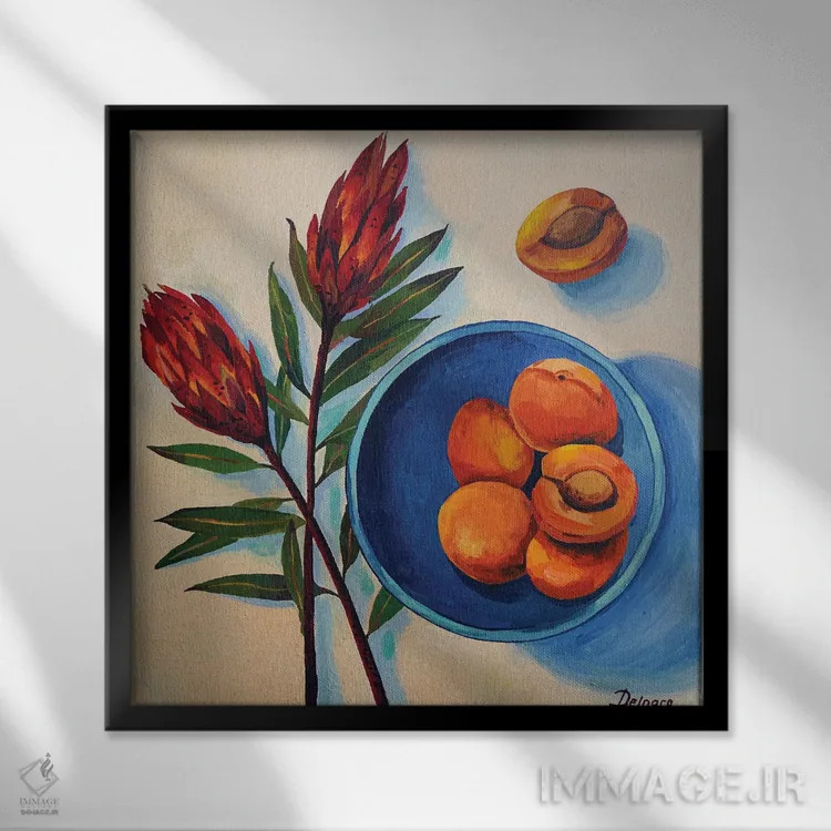 تابلو گل پروتیا و زردآلو روی بشقاب آبی اثر دلنارا ال - نمای قابدار مشکی