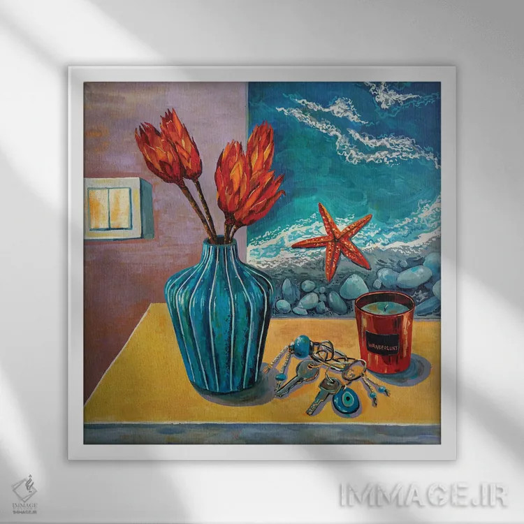 تابلو آثار خانگی (اشیای تزئینی خانه) اثر دلنارا ال - نمای قابدار سفید