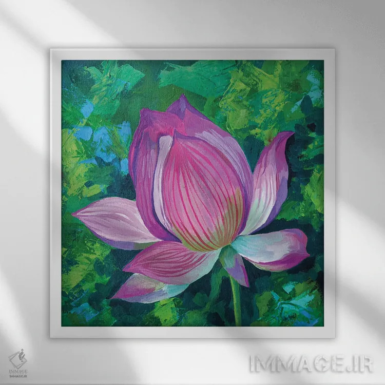 تابلو نیلوفر آبی اثر دلنارا ال - نمای قابدار سفید