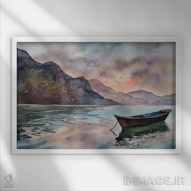 تابلو غروب در دریاچه فوا (پخرا، نپال) اثر دلنارا ال - نمای قابدار سفید