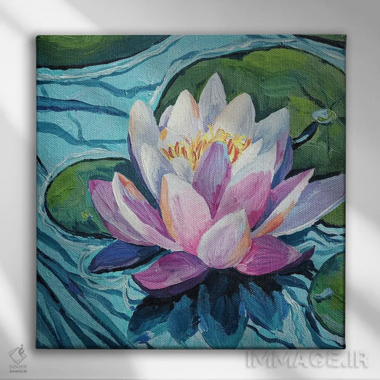 تابلو گل زیبای نیلوفر آبی اثر دلنارا ال - نمای روبهرو روی دیوار
