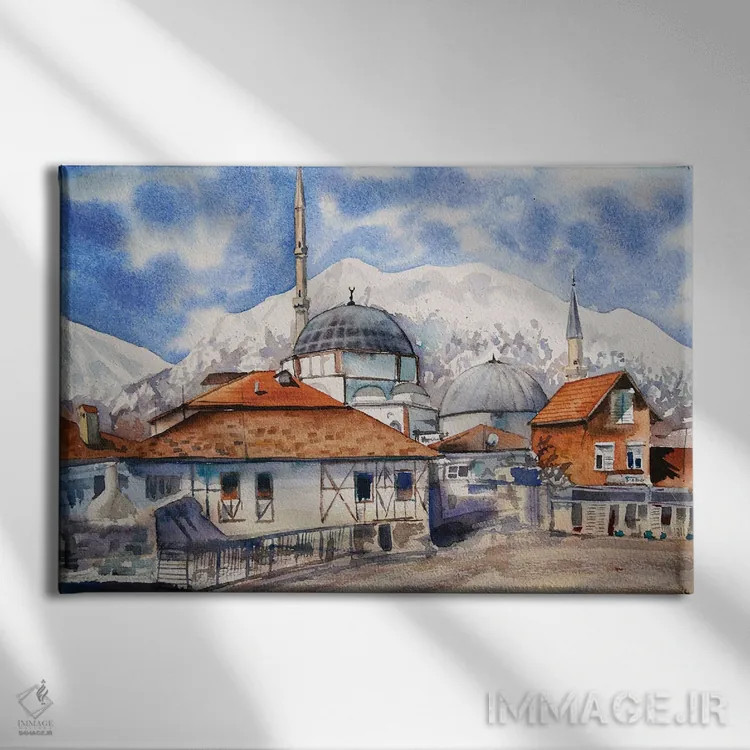 تابلو روستای ترکی در کوهستان اثر دلنارا ال - نمای روبهرو روی دیوار