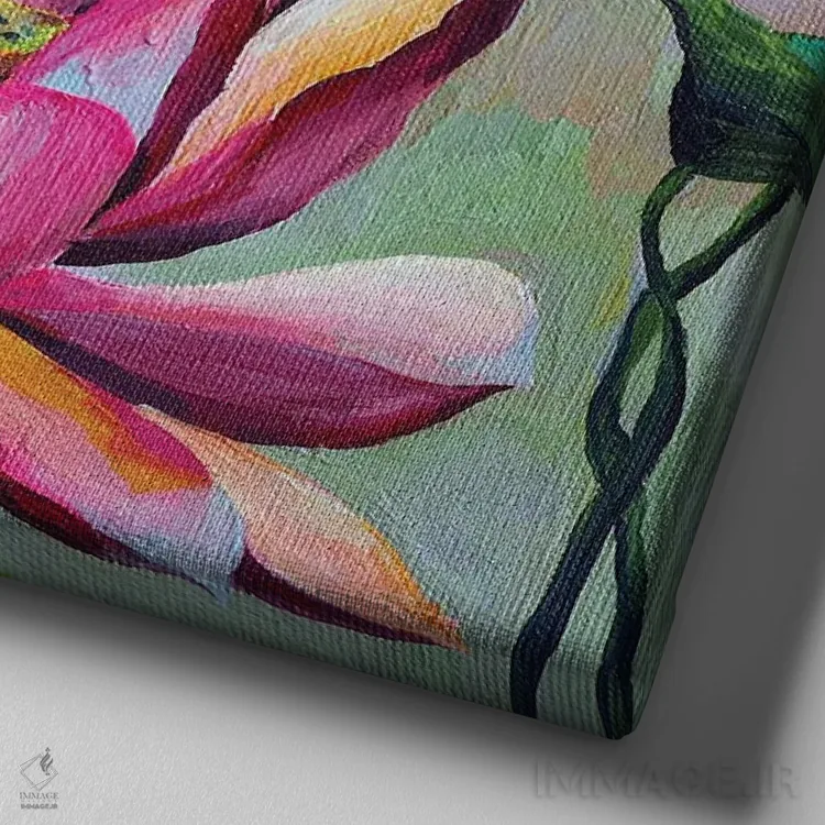 تابلو نیلوفر آبی آفتابی اثر دلنارا ال - نمای نزدیک بافت بوم