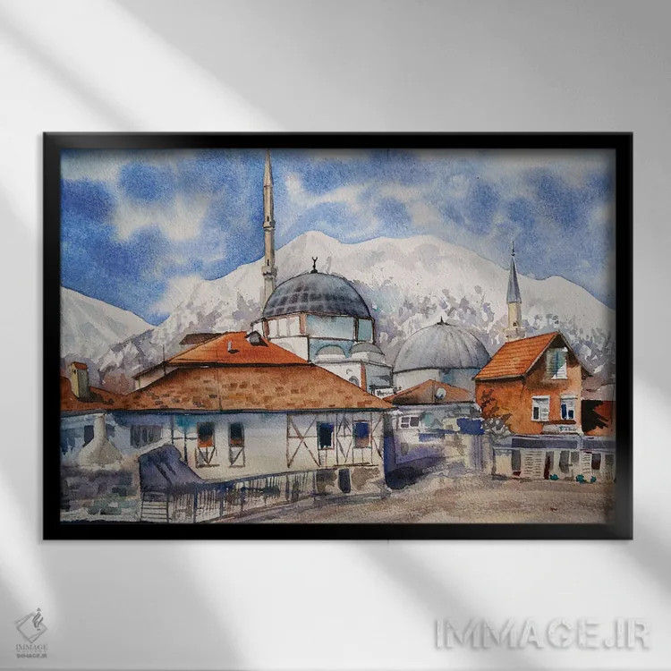 تابلو روستای ترکی در کوهستان اثر دلنارا ال - نمای قابدار مشکی